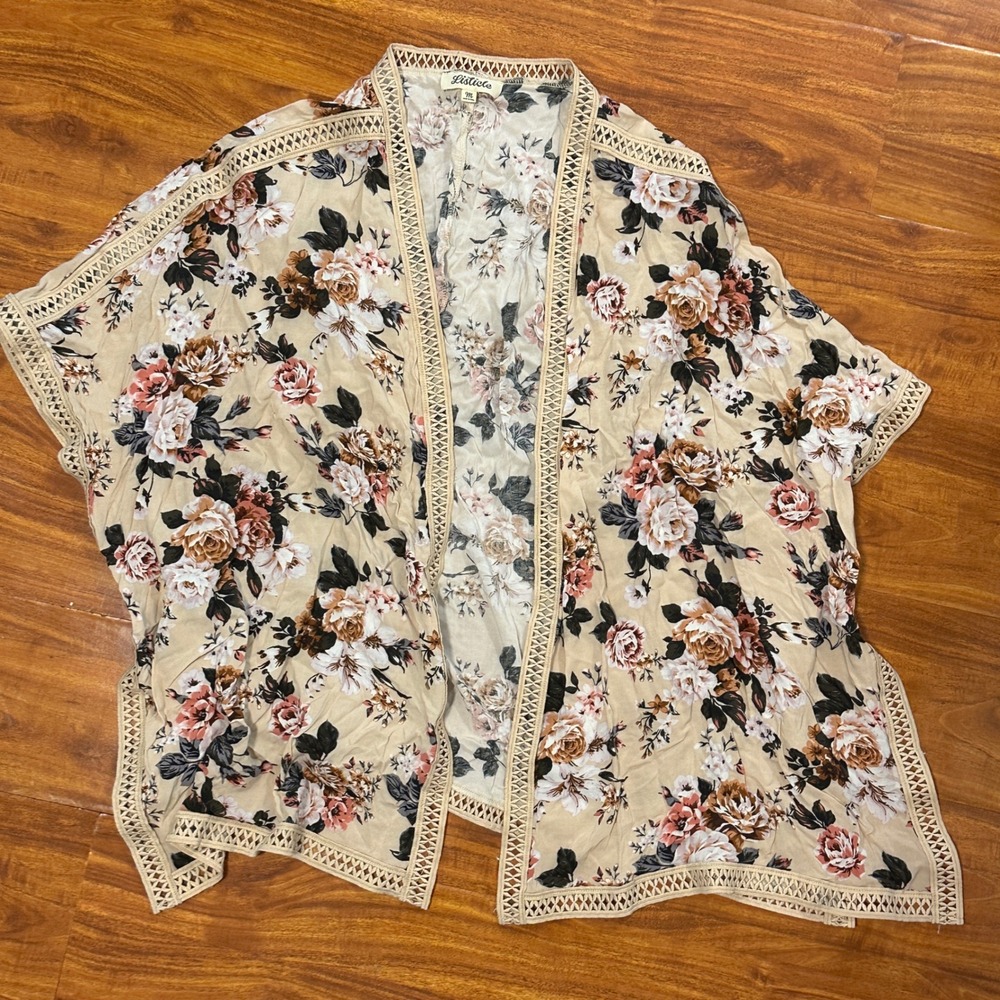 Listicle Ditsy Boho Floral Crochet Open Front Lightweight  Kimono Cardigan M